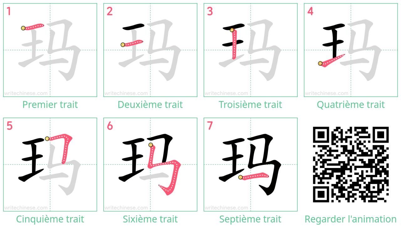 Diagrammes d'ordre des traits étape par étape pour le caractère 玛