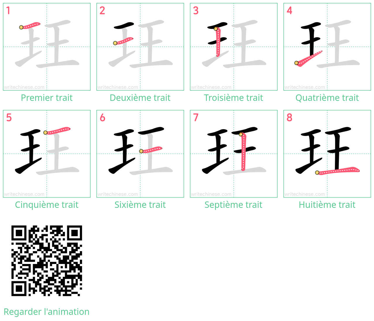 Diagrammes d'ordre des traits étape par étape pour le caractère 玨