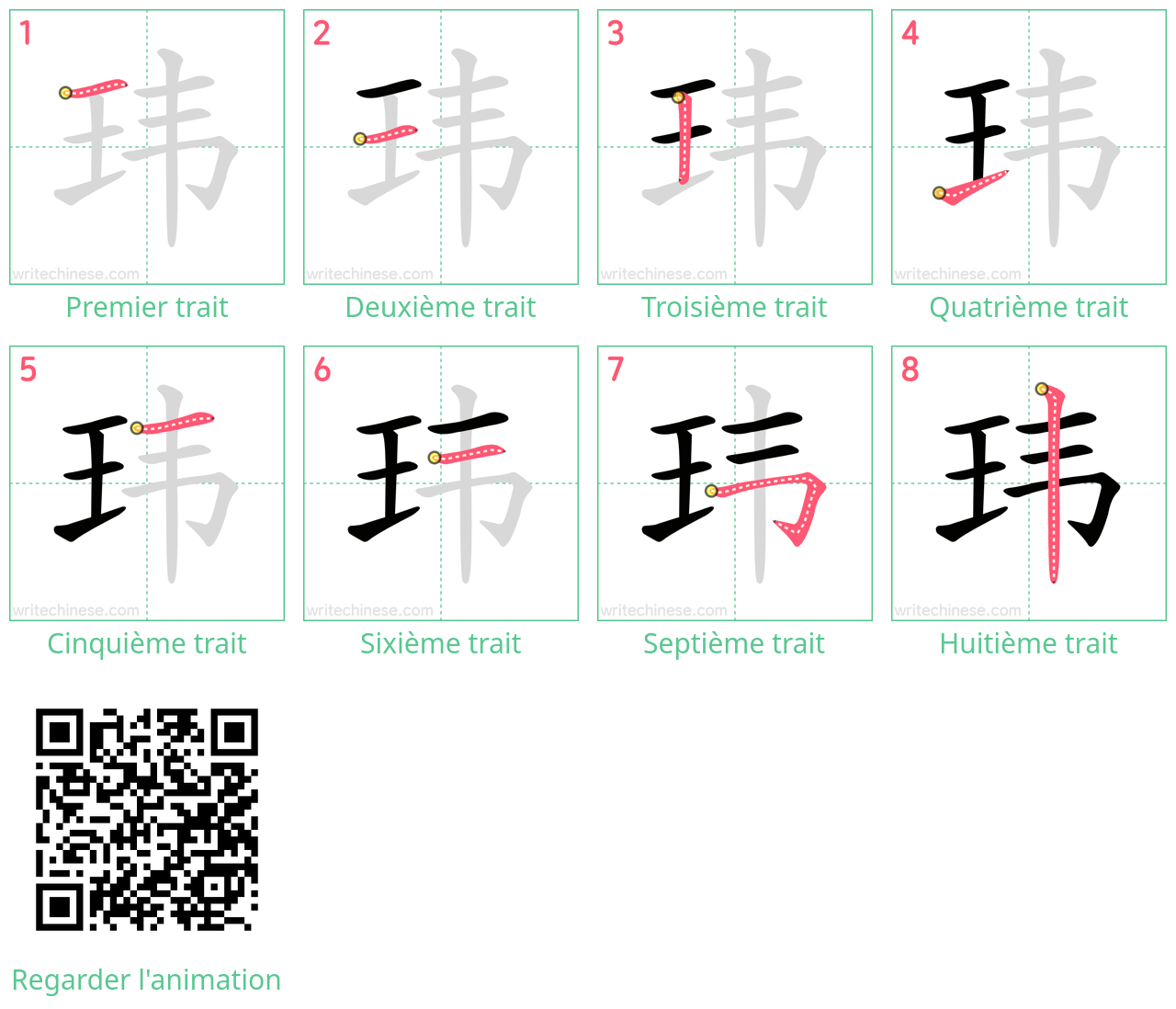 Diagrammes d'ordre des traits étape par étape pour le caractère 玮