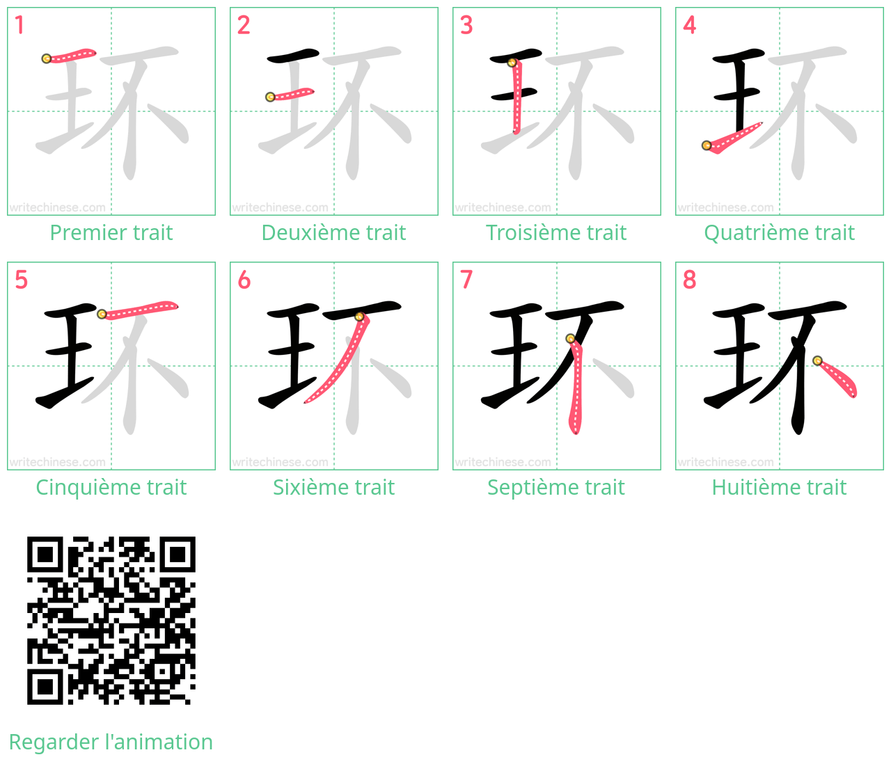 Diagrammes d'ordre des traits étape par étape pour le caractère 环