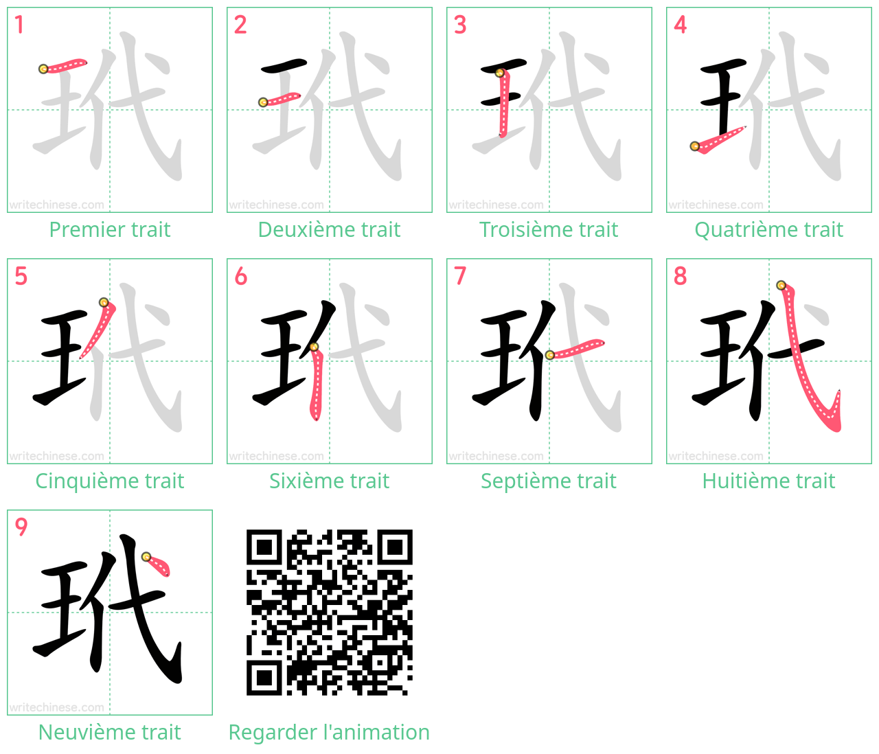 Diagrammes d'ordre des traits étape par étape pour le caractère 玳