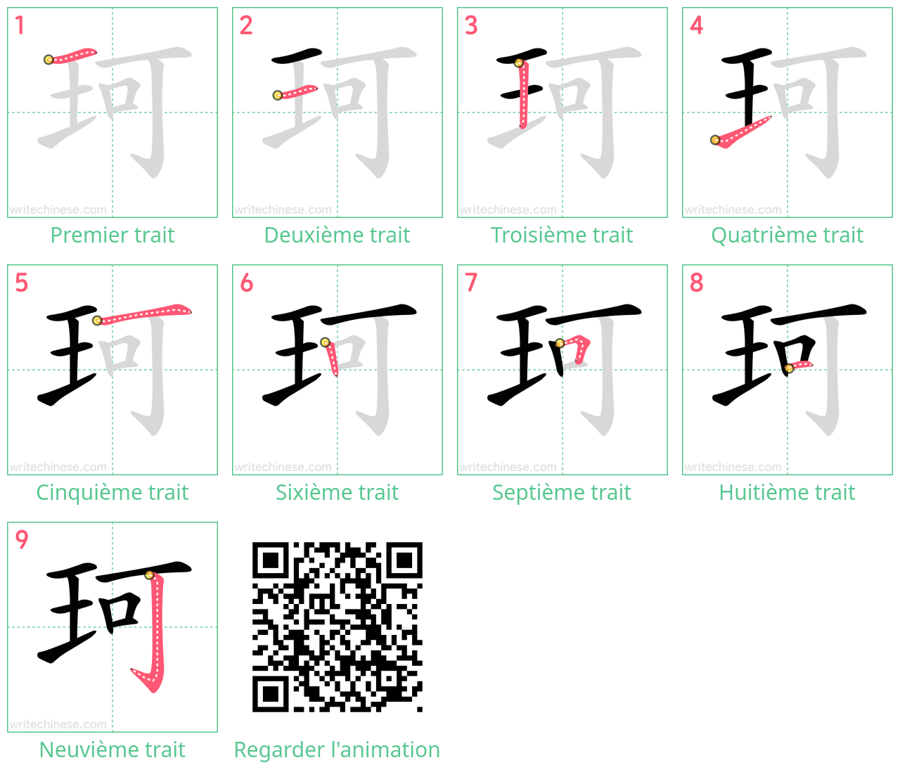 Diagrammes d'ordre des traits étape par étape pour le caractère 珂