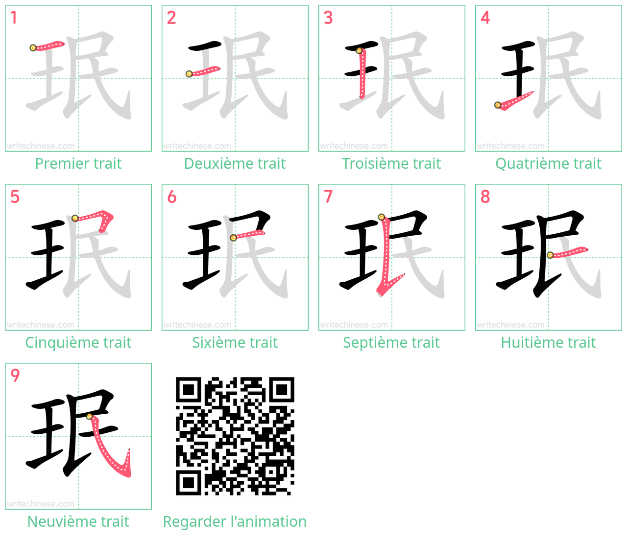 Diagrammes d'ordre des traits étape par étape pour le caractère 珉