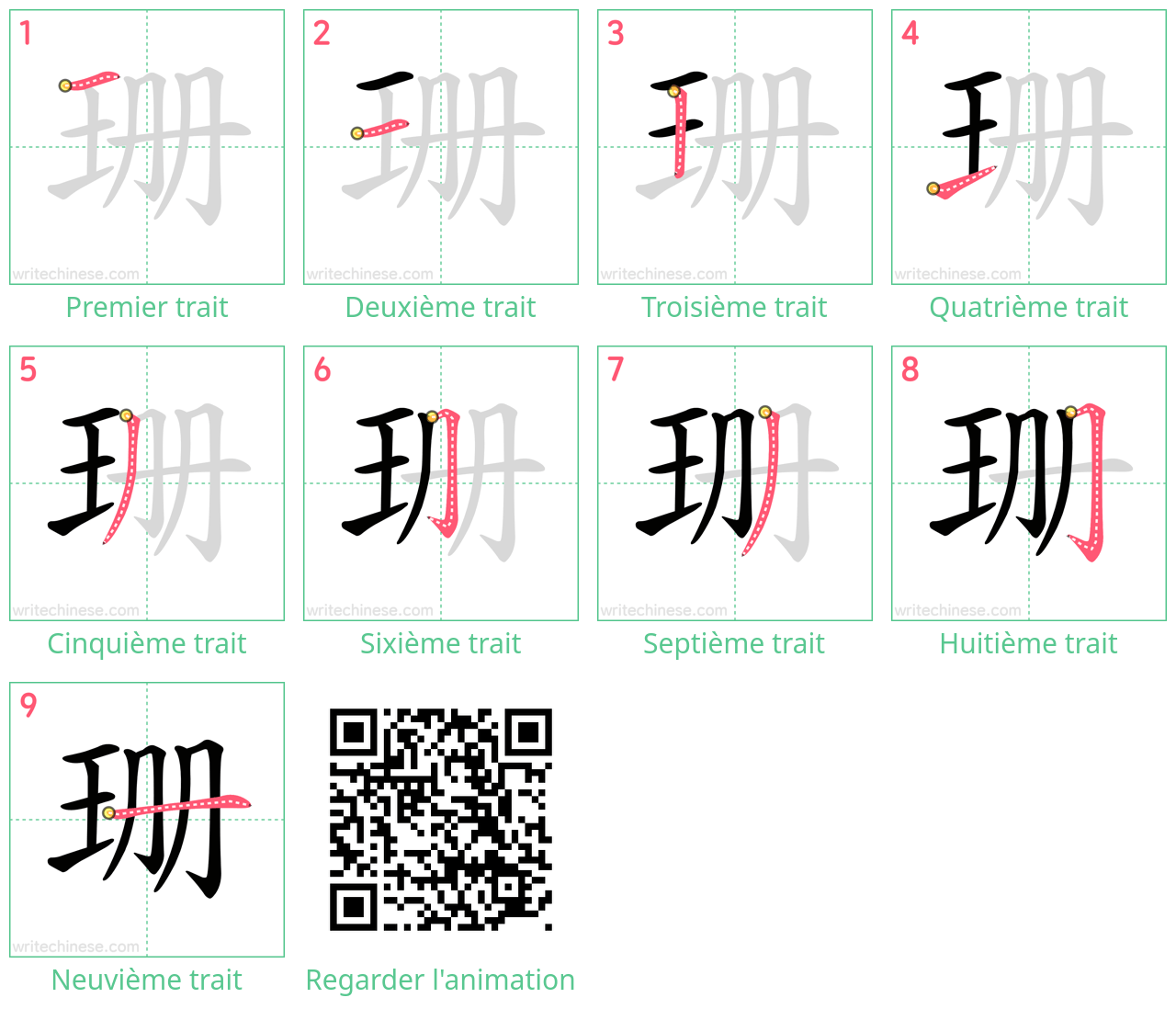 Diagrammes d'ordre des traits étape par étape pour le caractère 珊