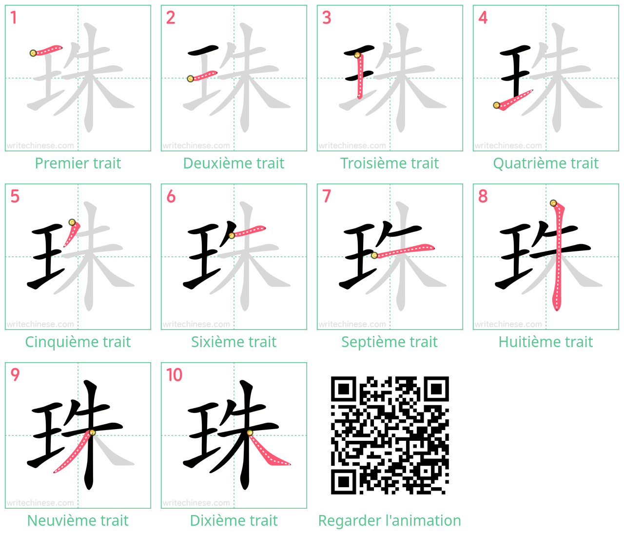 Diagrammes d'ordre des traits étape par étape pour le caractère 珠