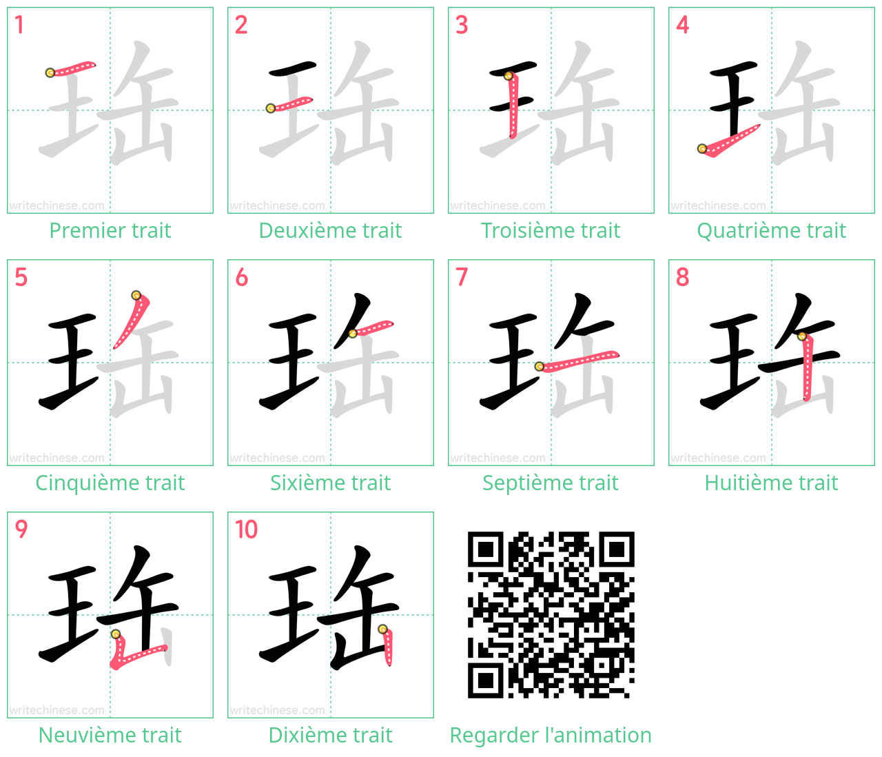 Diagrammes d'ordre des traits étape par étape pour le caractère 珤