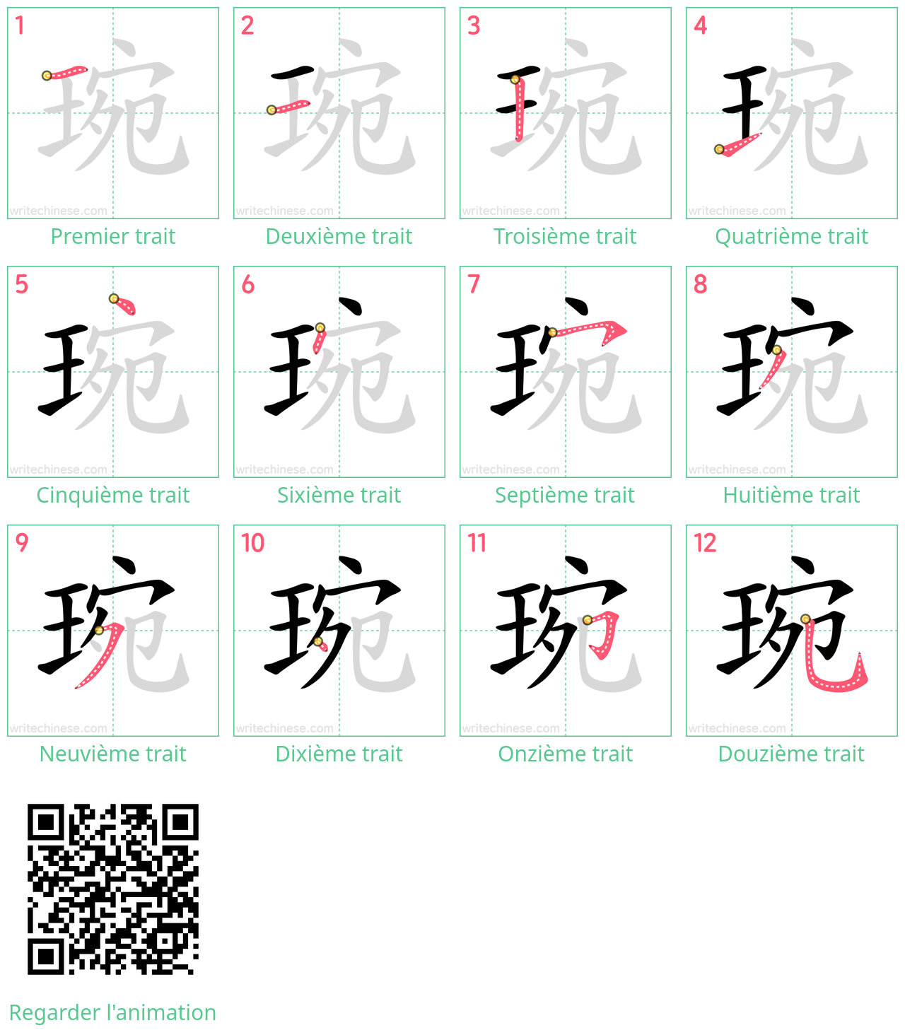 Diagrammes d'ordre des traits étape par étape pour le caractère 琬