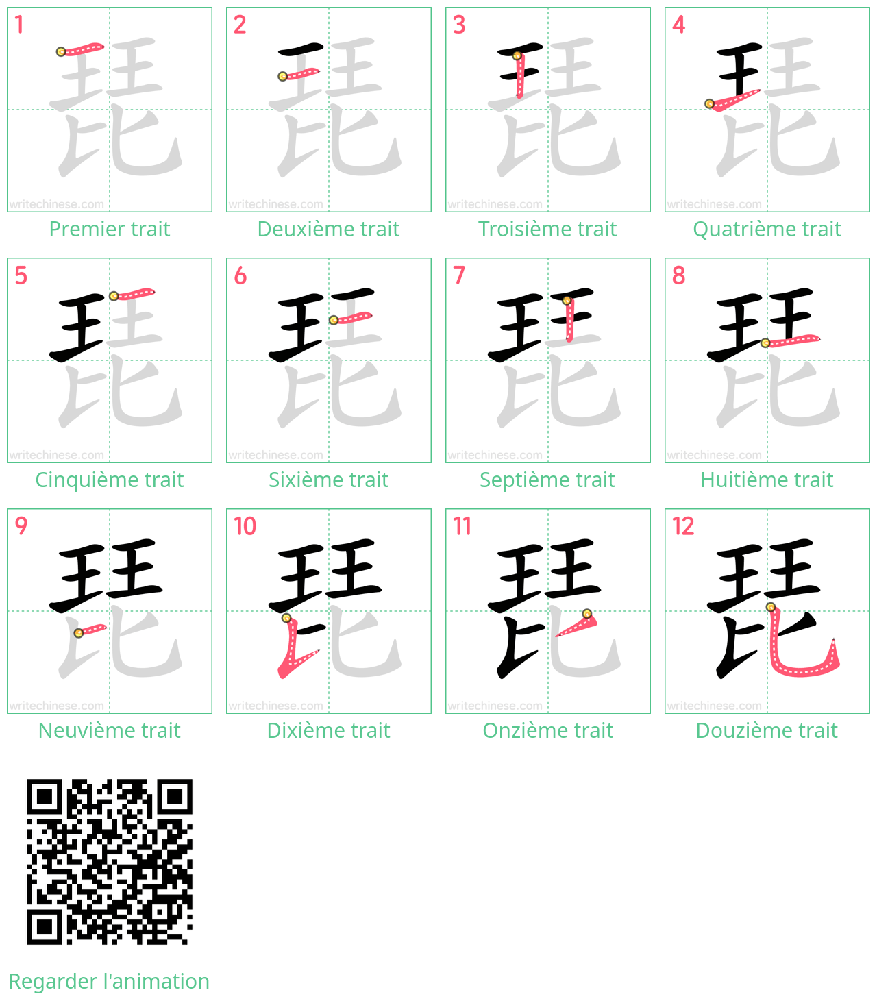 Diagrammes d'ordre des traits étape par étape pour le caractère 琵