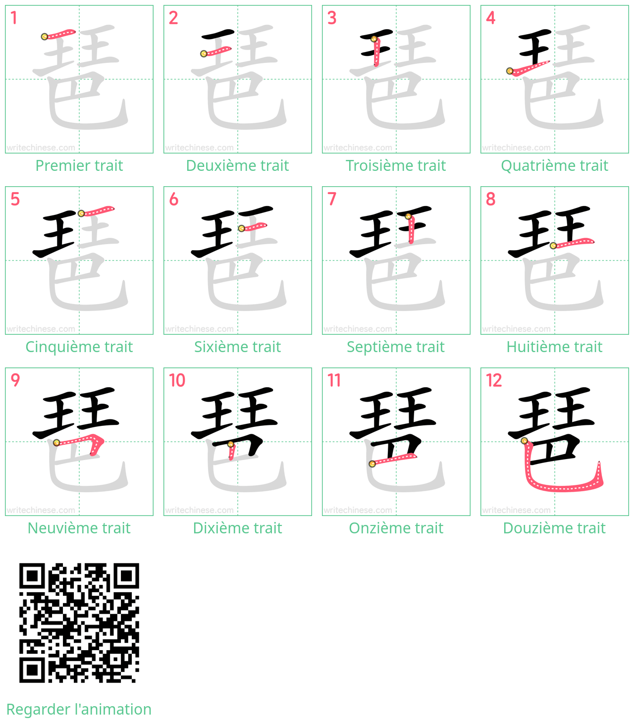 Diagrammes d'ordre des traits étape par étape pour le caractère 琶