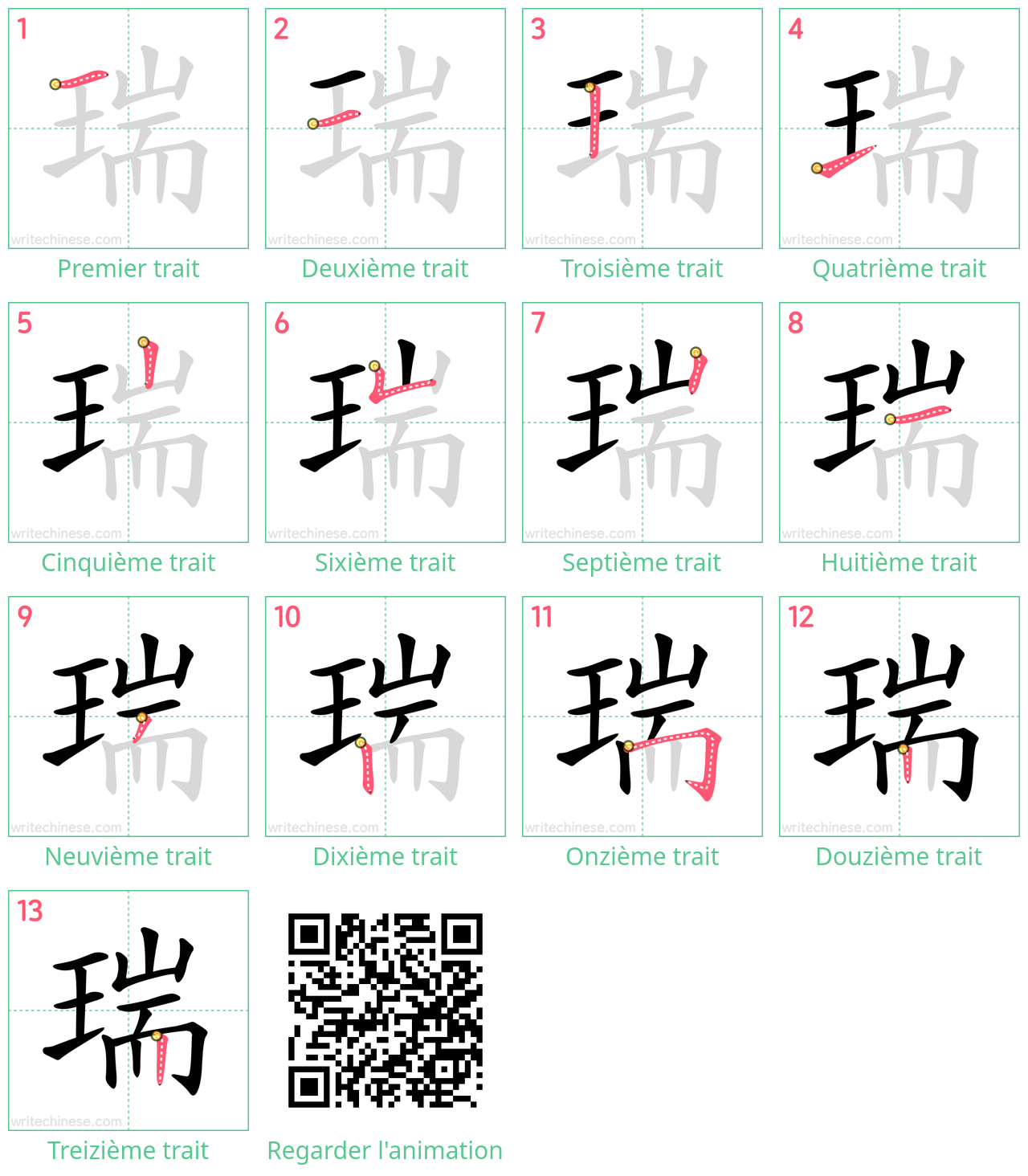 Diagrammes d'ordre des traits étape par étape pour le caractère 瑞