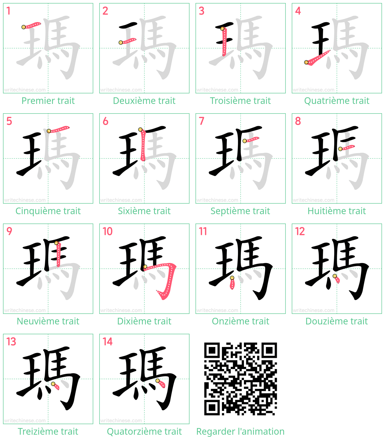 Diagrammes d'ordre des traits étape par étape pour le caractère 瑪