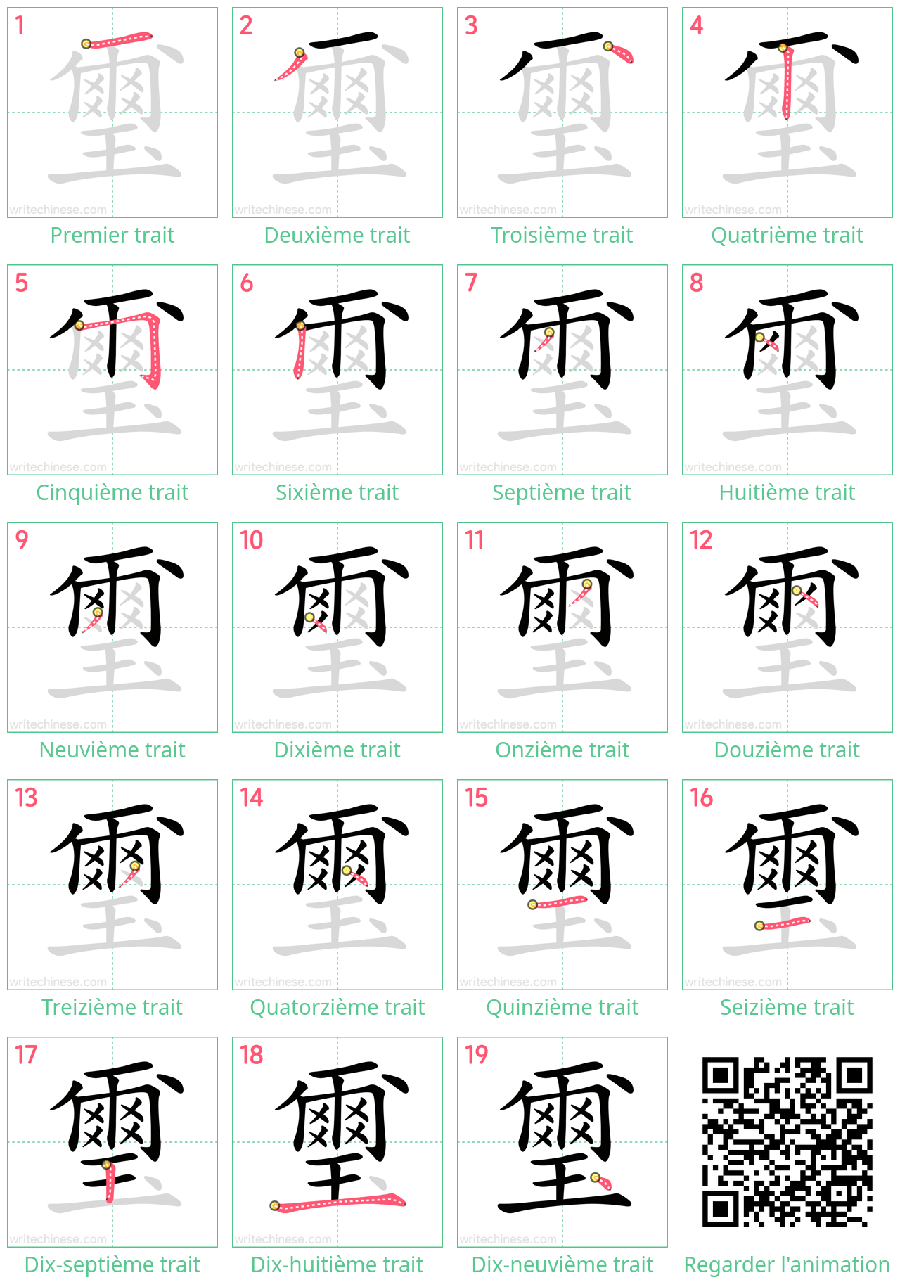 Diagrammes d'ordre des traits étape par étape pour le caractère 璽