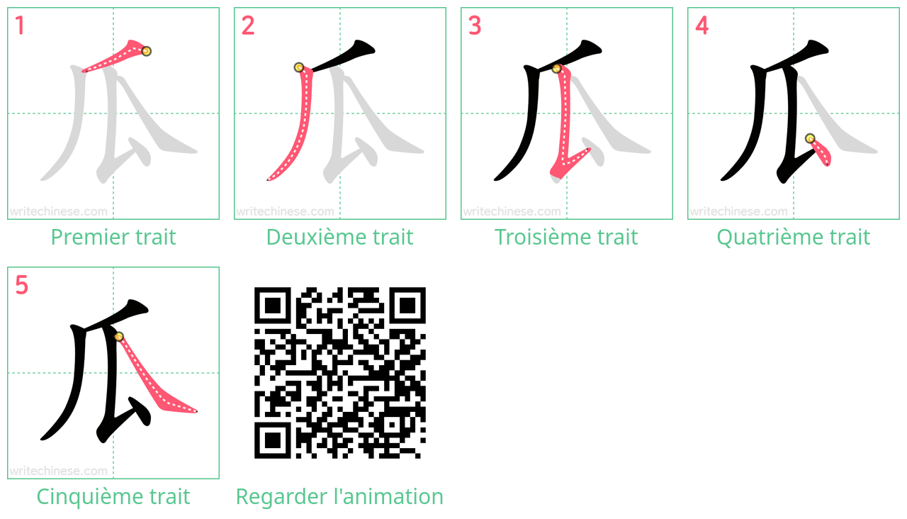 Diagrammes d'ordre des traits étape par étape pour le caractère 瓜