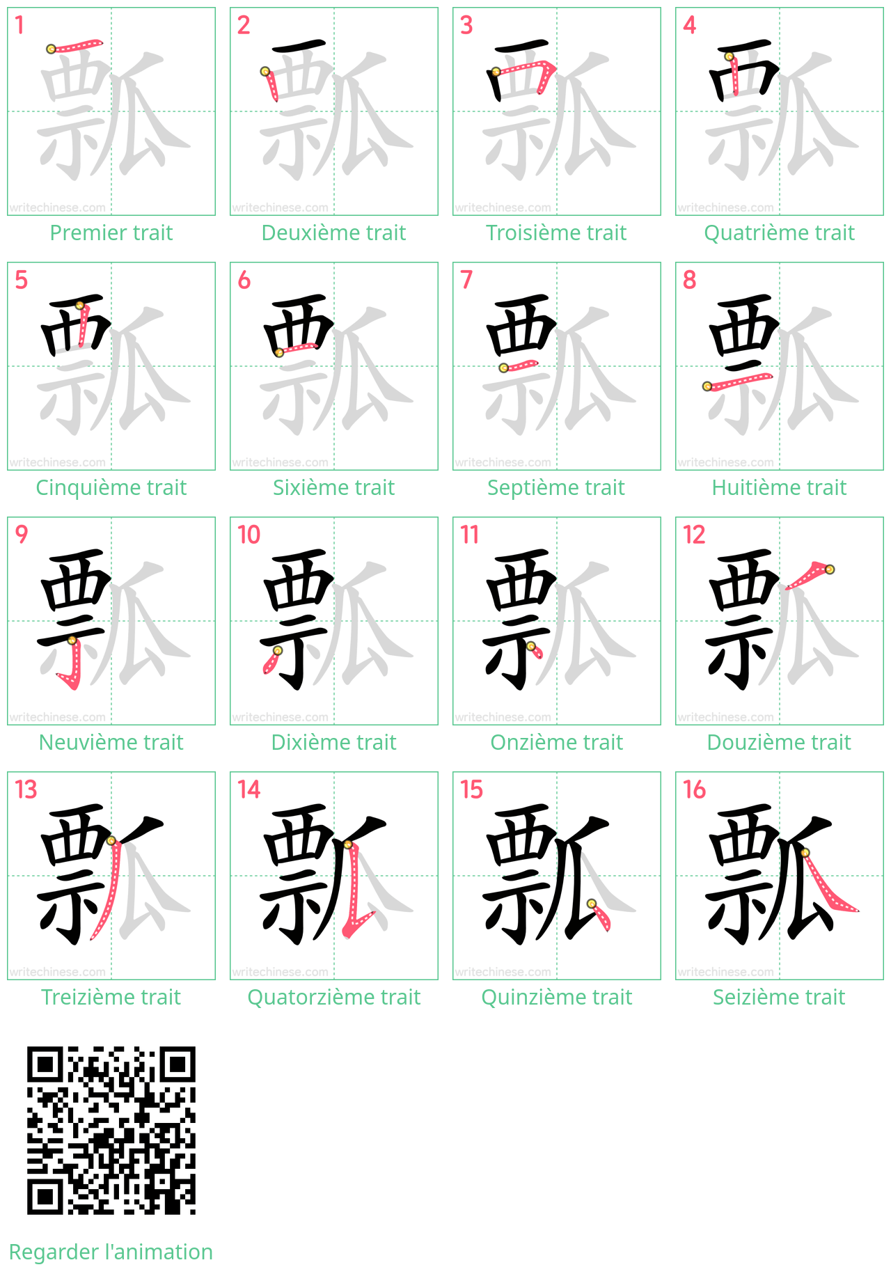 Diagrammes d'ordre des traits étape par étape pour le caractère 瓢