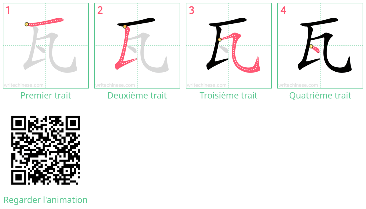 Diagrammes d'ordre des traits étape par étape pour le caractère 瓦