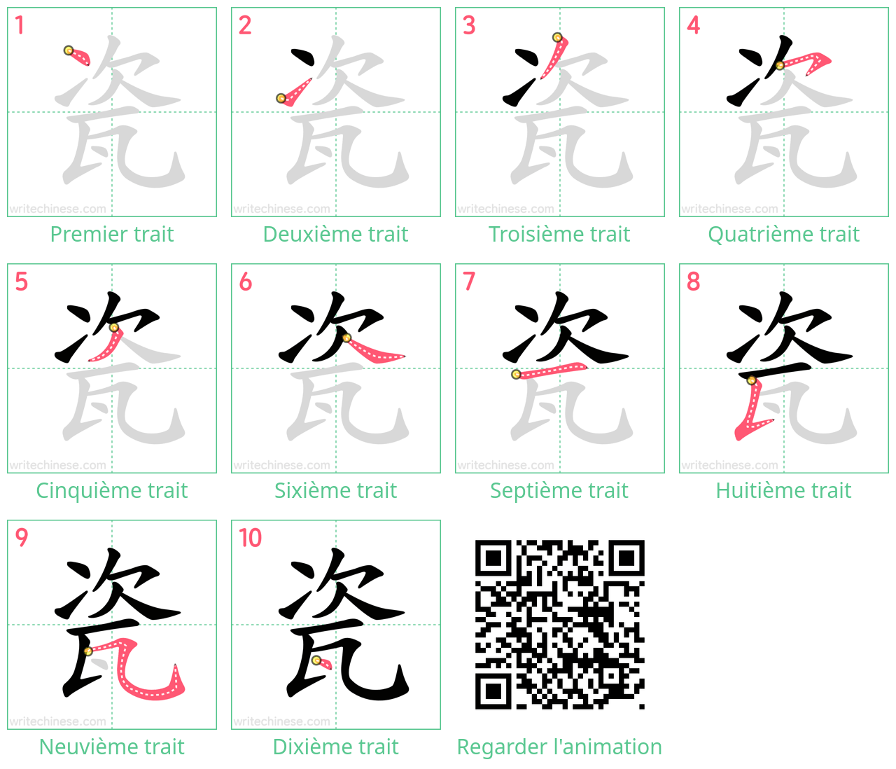 Diagrammes d'ordre des traits étape par étape pour le caractère 瓷