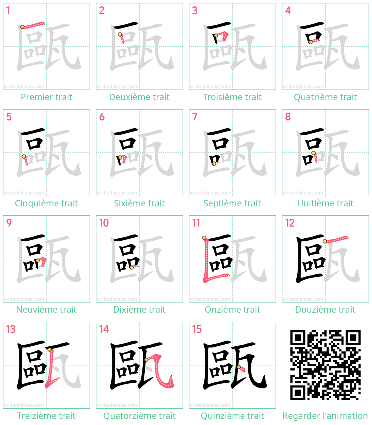 Diagrammes d'ordre des traits étape par étape pour le caractère 甌