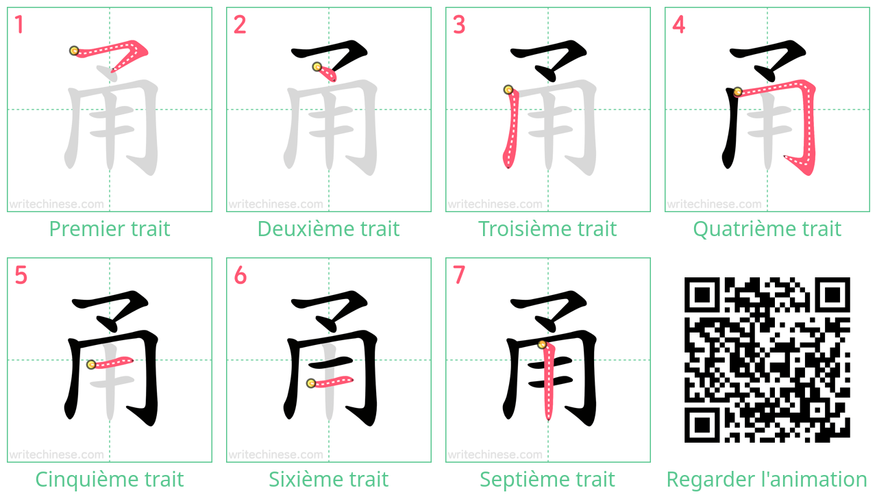 Diagrammes d'ordre des traits étape par étape pour le caractère 甬