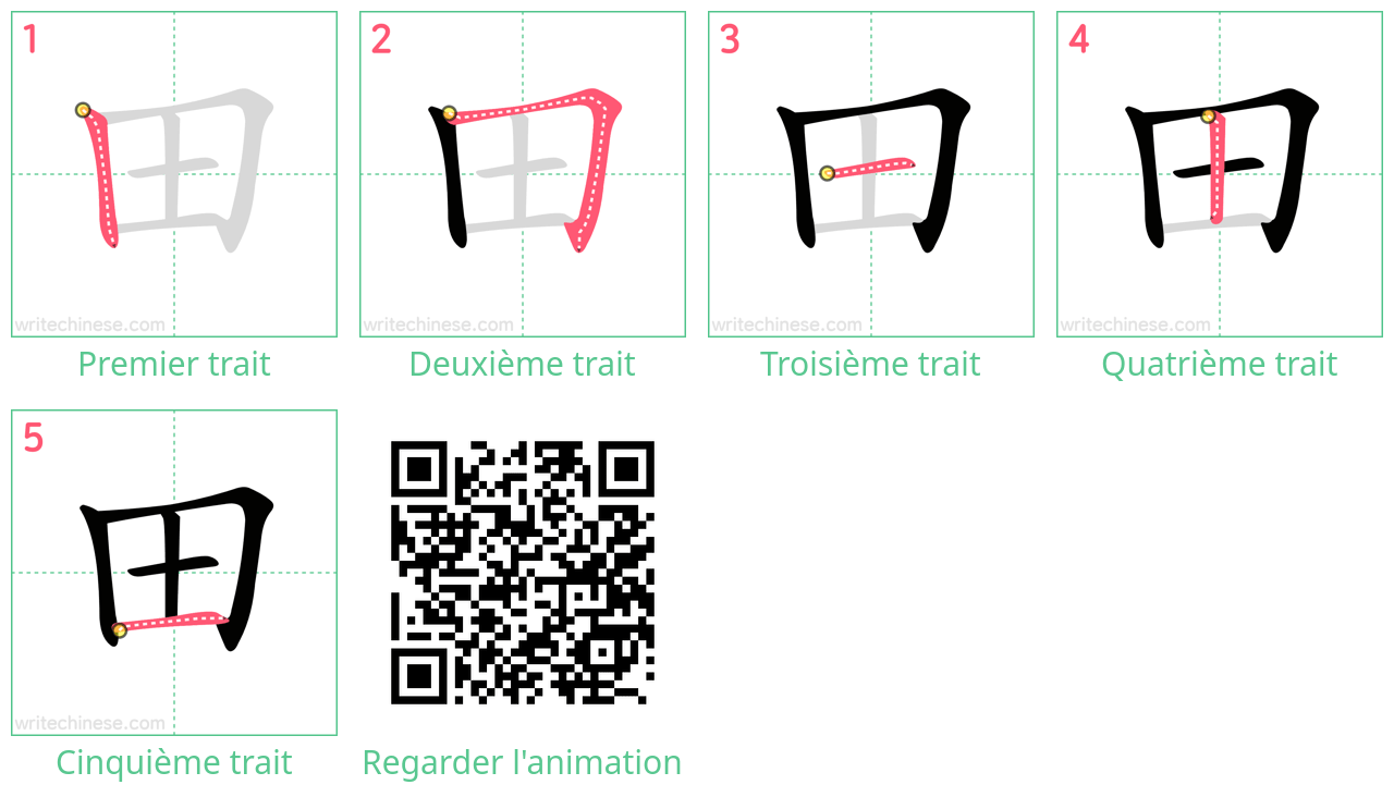 Diagrammes d'ordre des traits étape par étape pour le caractère 田