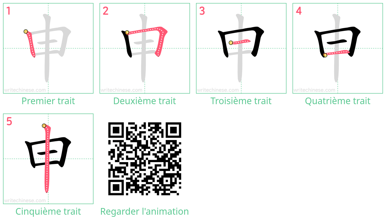 Diagrammes d'ordre des traits étape par étape pour le caractère 申