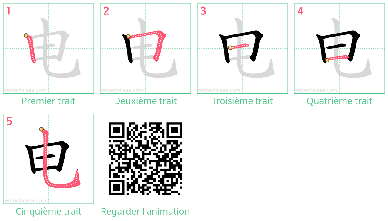 Diagrammes d'ordre des traits étape par étape pour le caractère 电