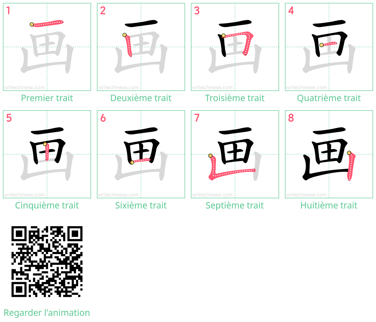 Diagrammes d'ordre des traits étape par étape pour le caractère 画