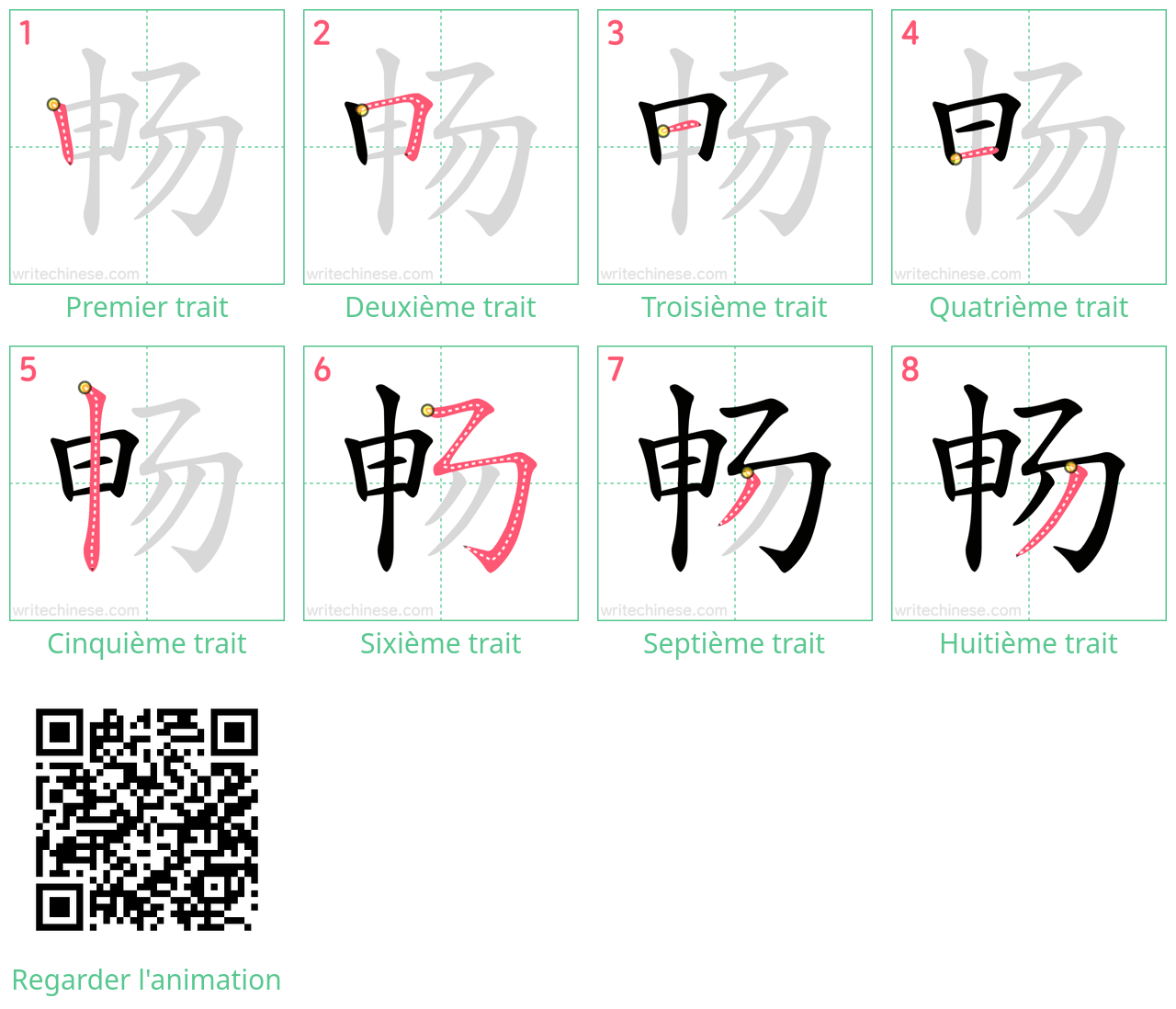 Diagrammes d'ordre des traits étape par étape pour le caractère 畅