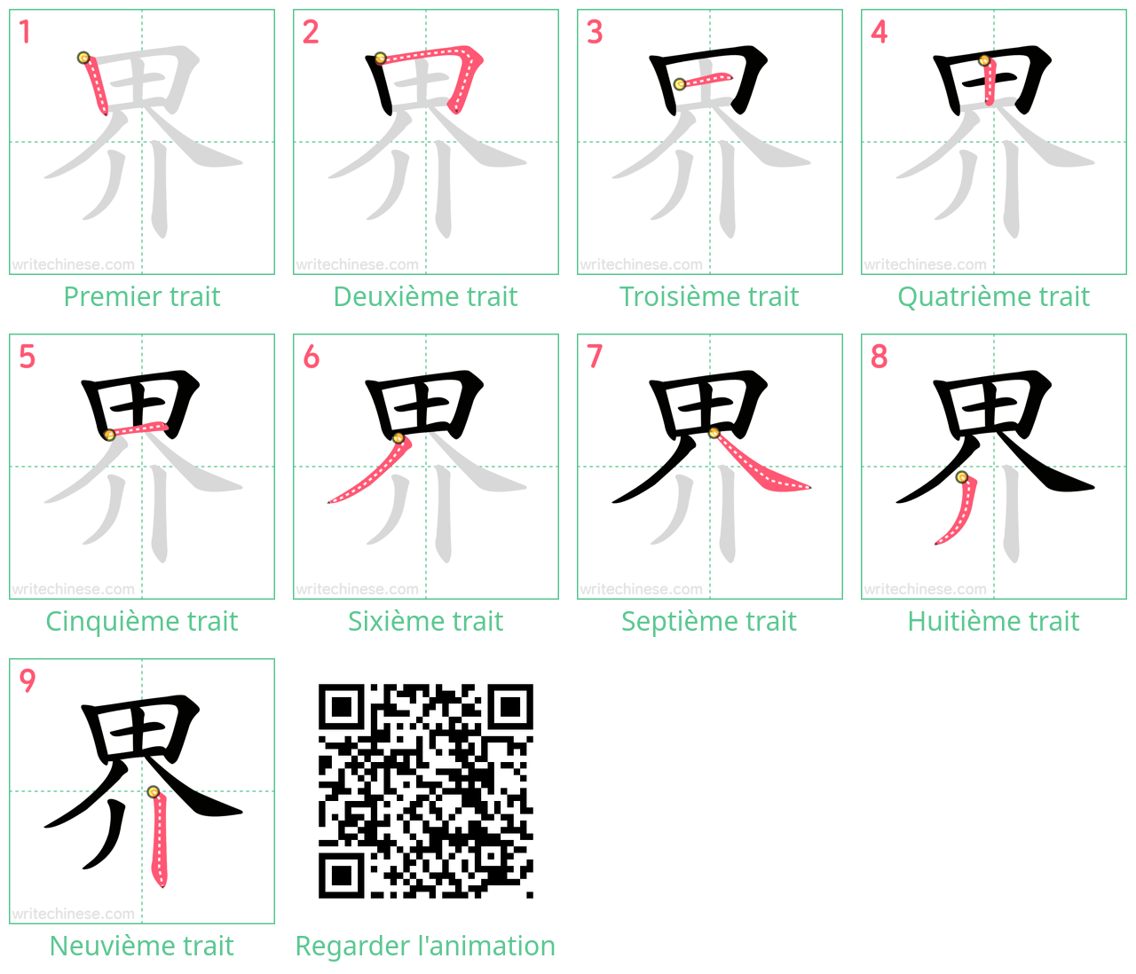 Diagrammes d'ordre des traits étape par étape pour le caractère 界