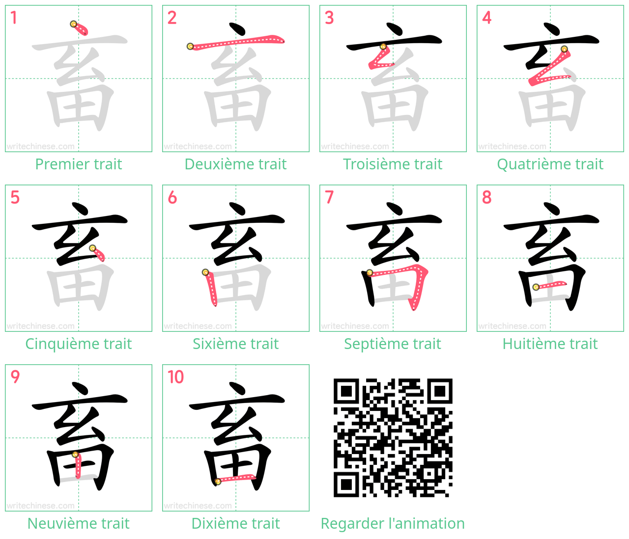 Diagrammes d'ordre des traits étape par étape pour le caractère 畜