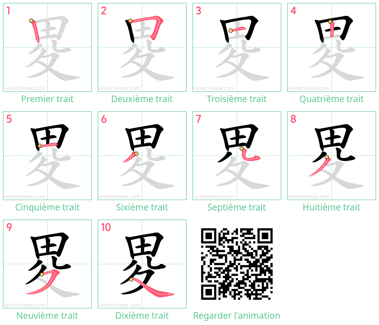 Diagrammes d'ordre des traits étape par étape pour le caractère 畟