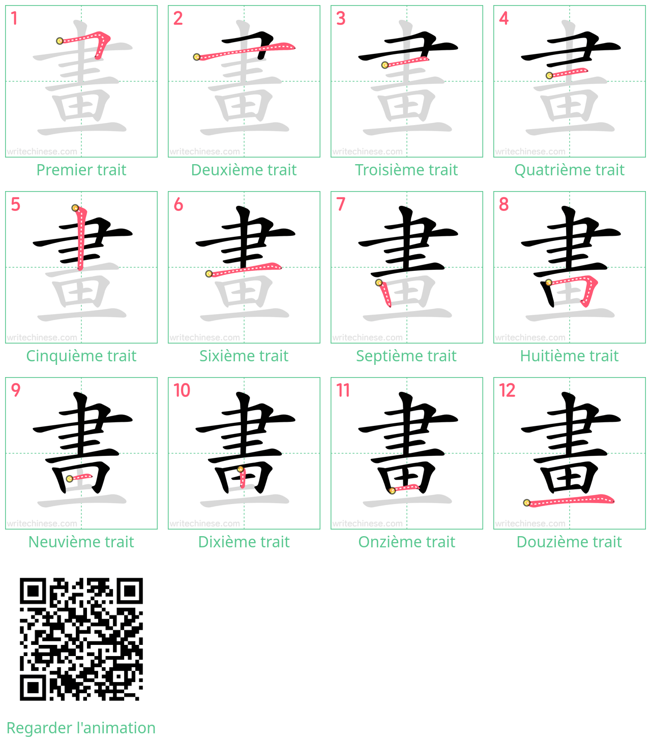 Diagrammes d'ordre des traits étape par étape pour le caractère 畫