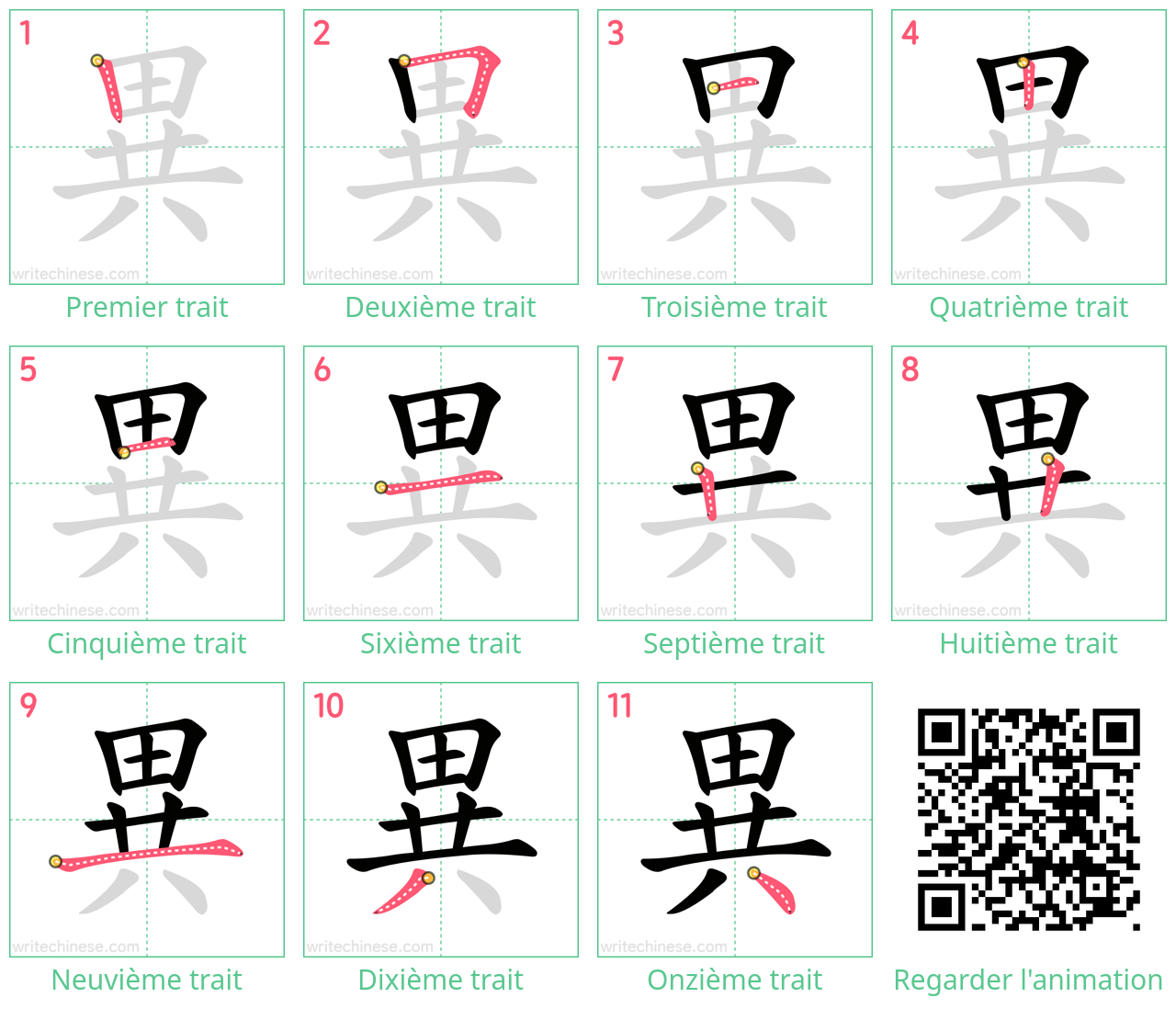 Diagrammes d'ordre des traits étape par étape pour le caractère 異