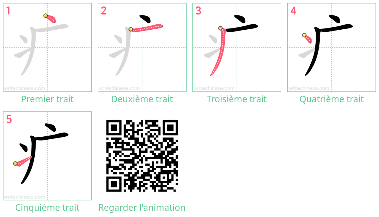 Diagrammes d'ordre des traits étape par étape pour le caractère 疒