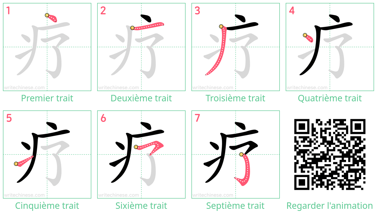 Diagrammes d'ordre des traits étape par étape pour le caractère 疗