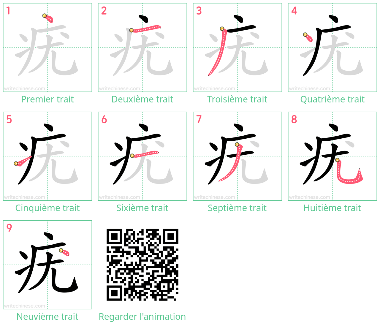 Diagrammes d'ordre des traits étape par étape pour le caractère 疣