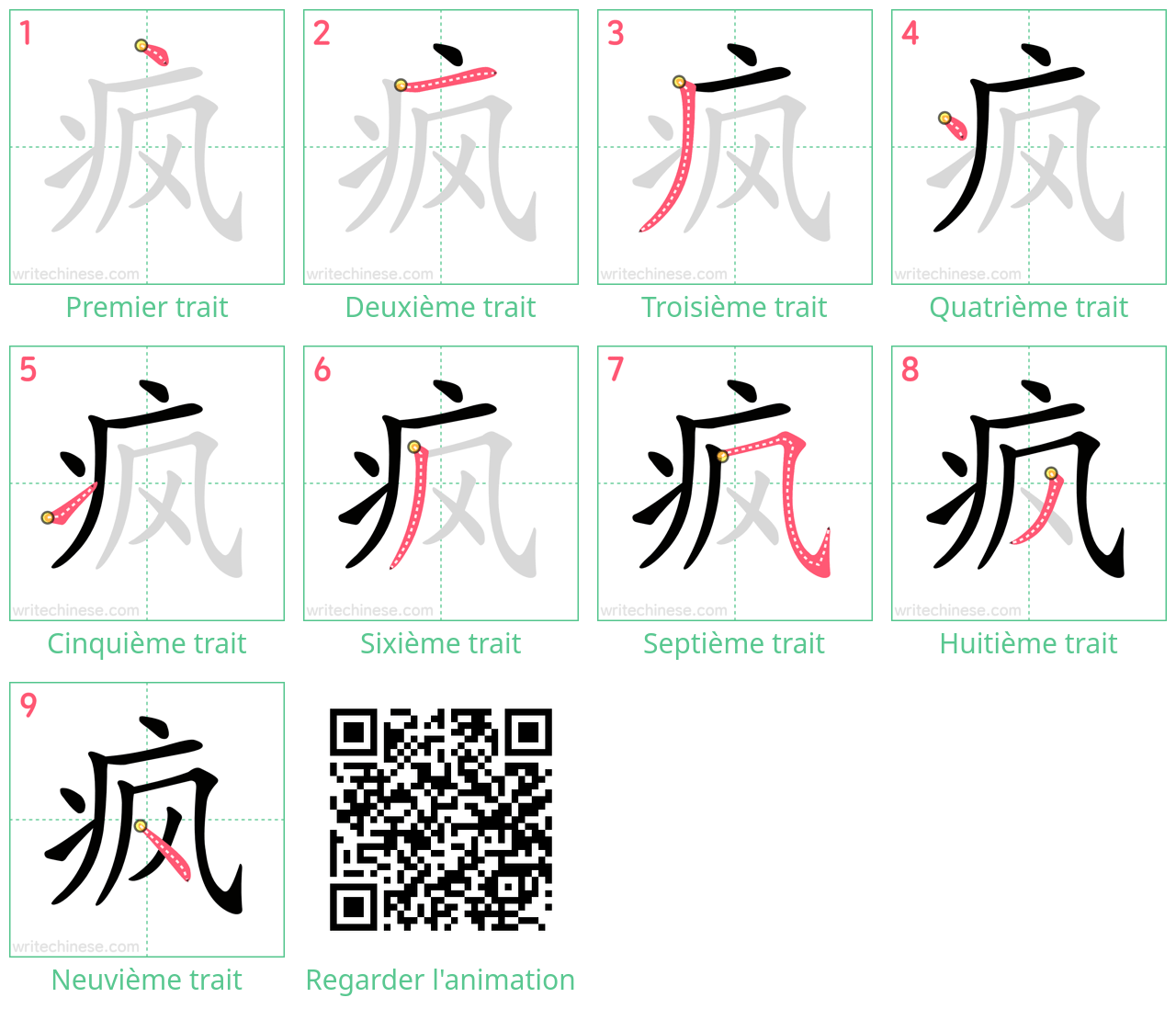 Diagrammes d'ordre des traits étape par étape pour le caractère 疯