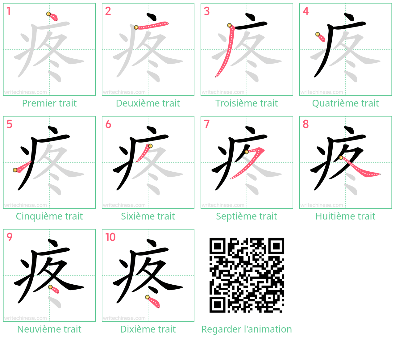 Diagrammes d'ordre des traits étape par étape pour le caractère 疼