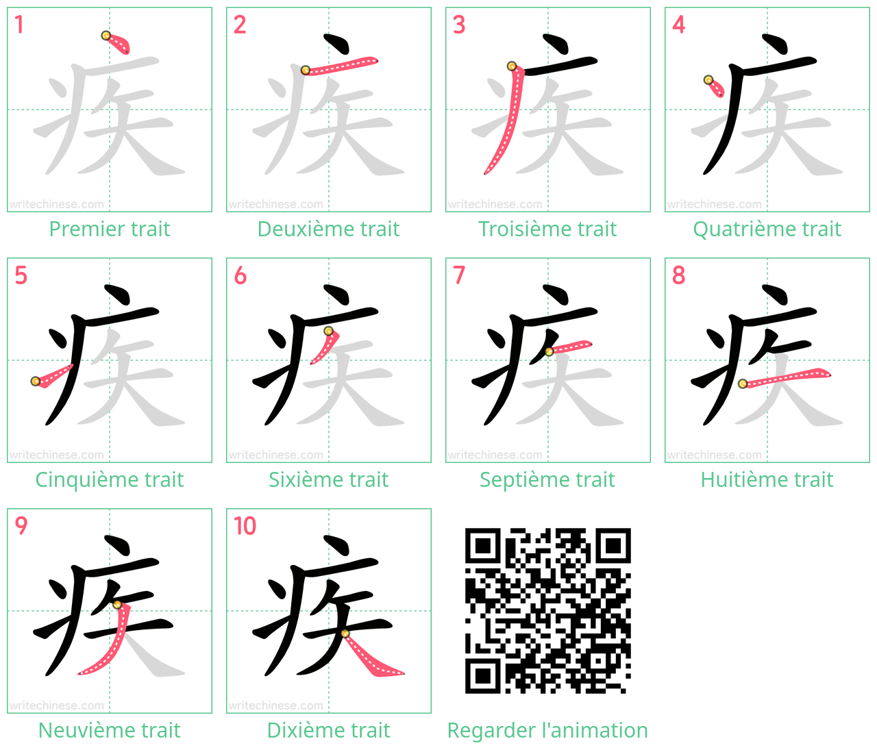 Diagrammes d'ordre des traits étape par étape pour le caractère 疾