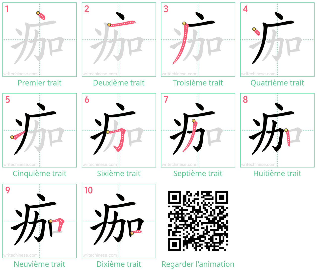 Diagrammes d'ordre des traits étape par étape pour le caractère 痂