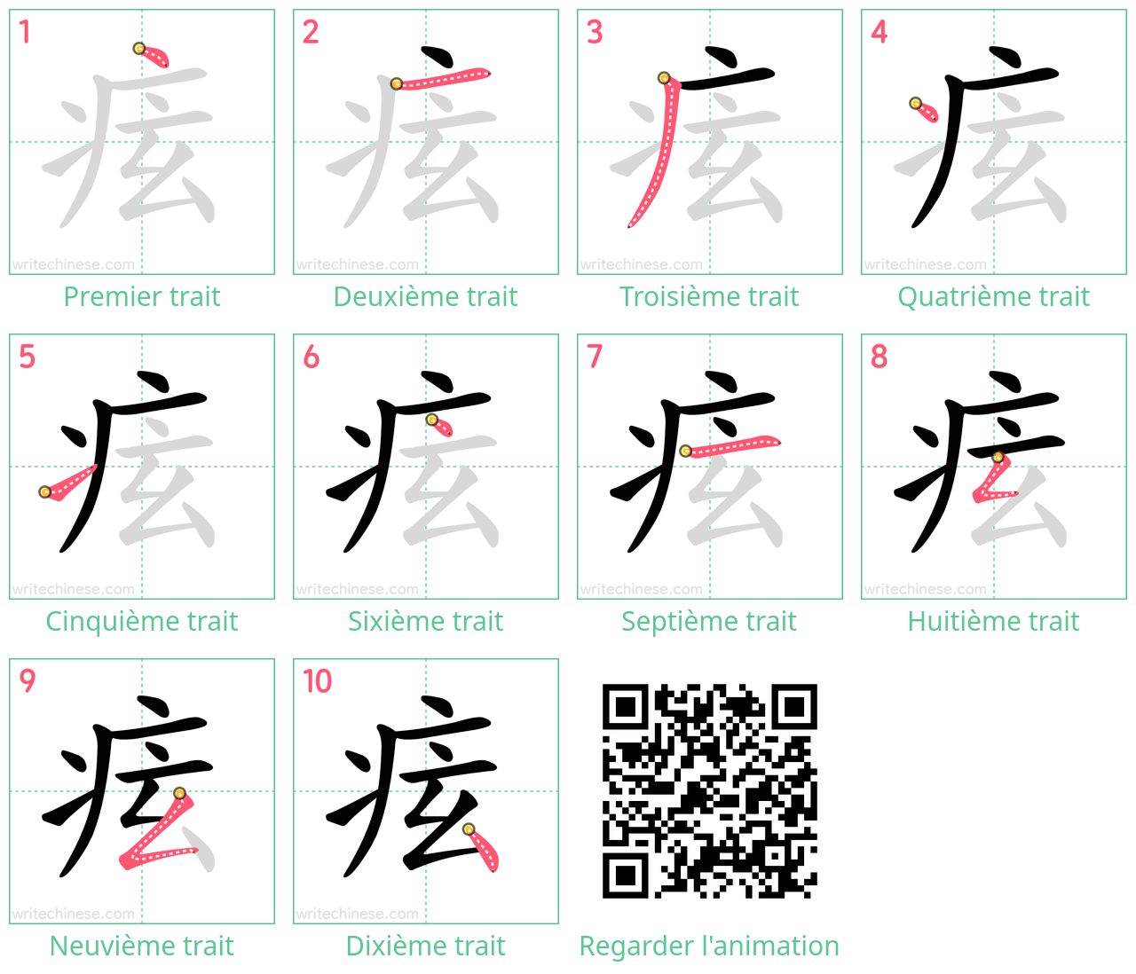 Diagrammes d'ordre des traits étape par étape pour le caractère 痃