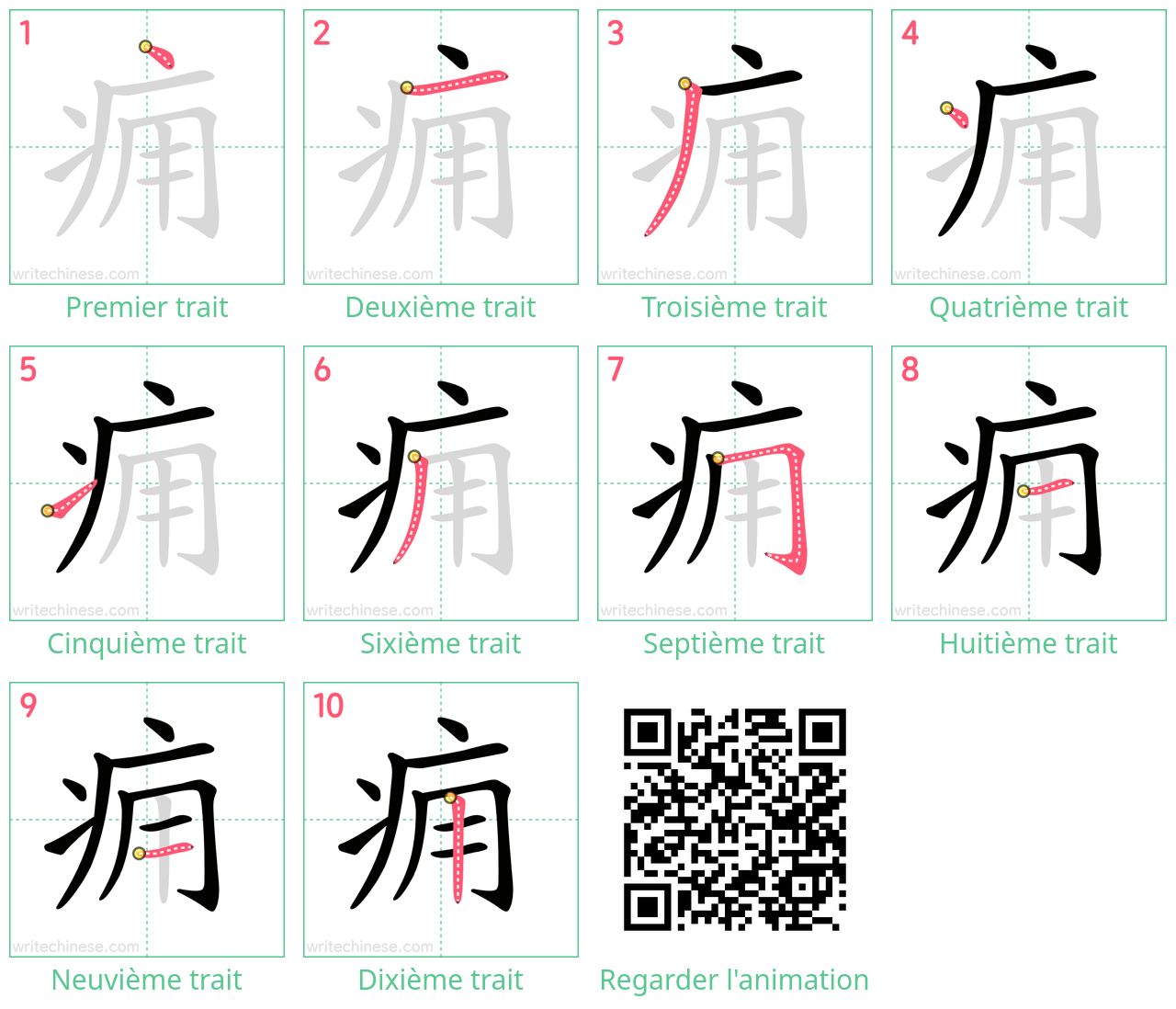 Diagrammes d'ordre des traits étape par étape pour le caractère 痈