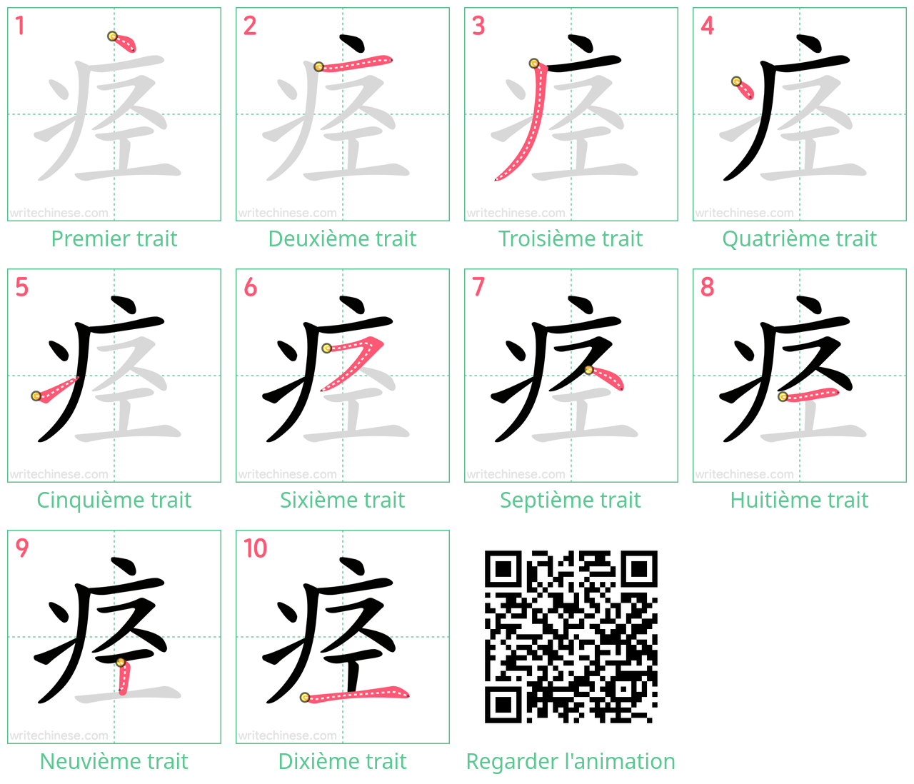 Diagrammes d'ordre des traits étape par étape pour le caractère 痉