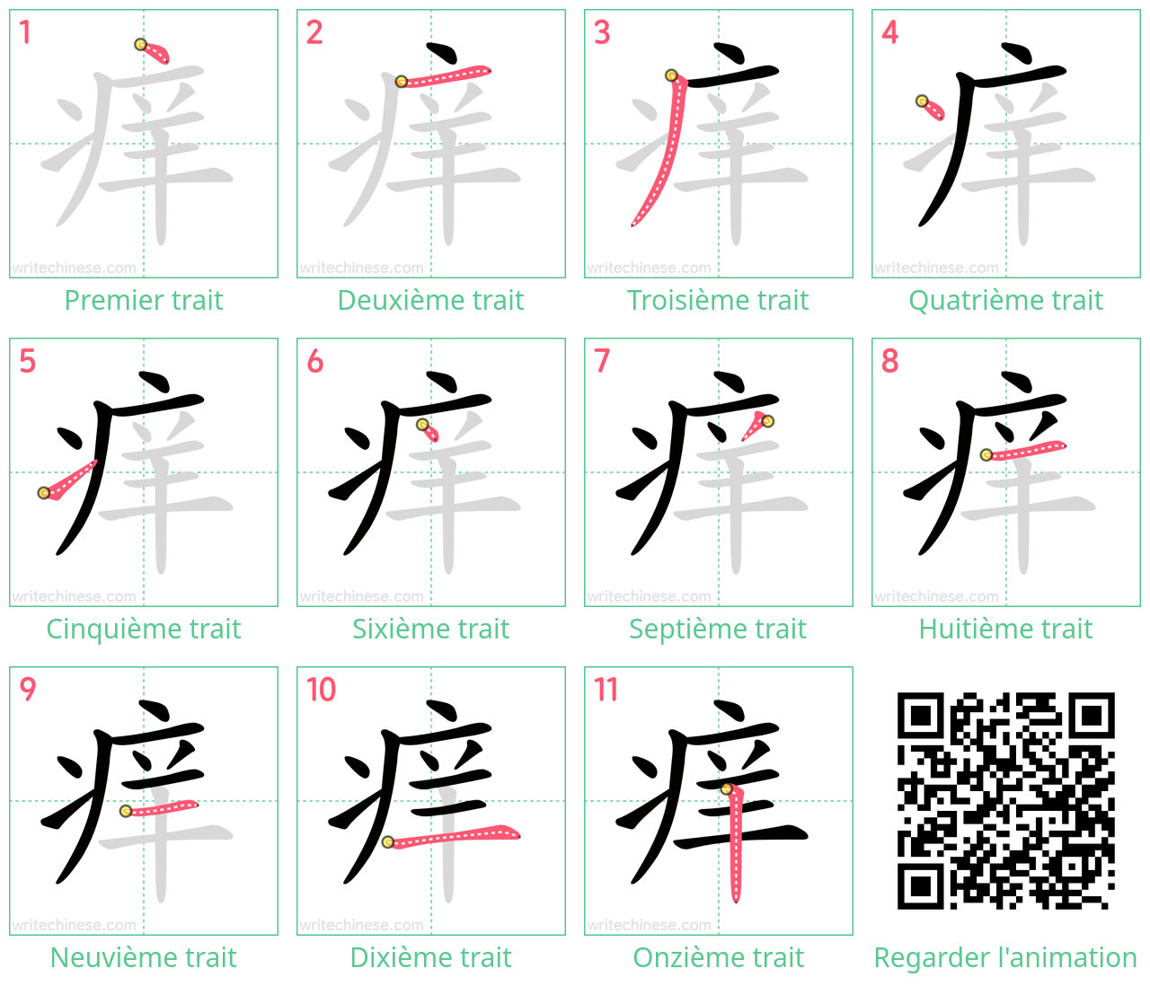 Diagrammes d'ordre des traits étape par étape pour le caractère 痒