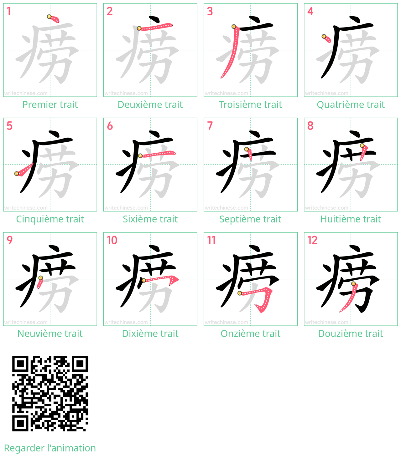 Diagrammes d'ordre des traits étape par étape pour le caractère 痨