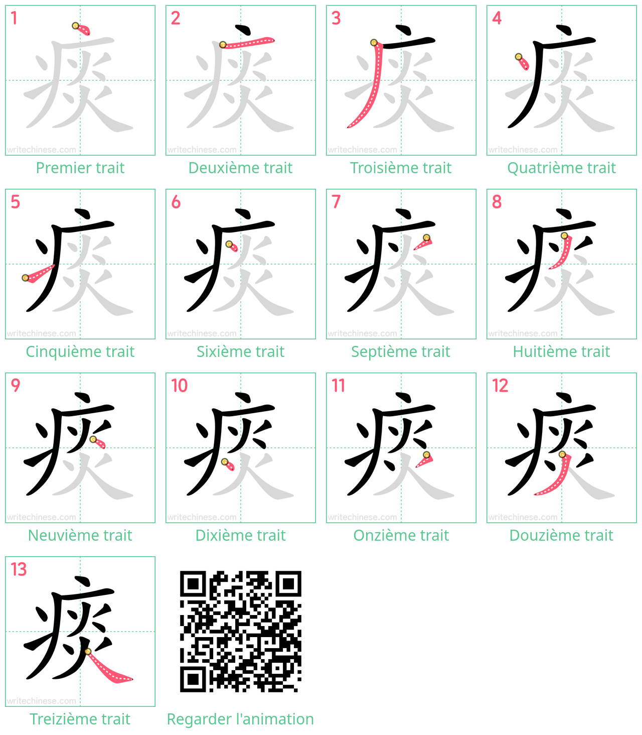 Diagrammes d'ordre des traits étape par étape pour le caractère 痰