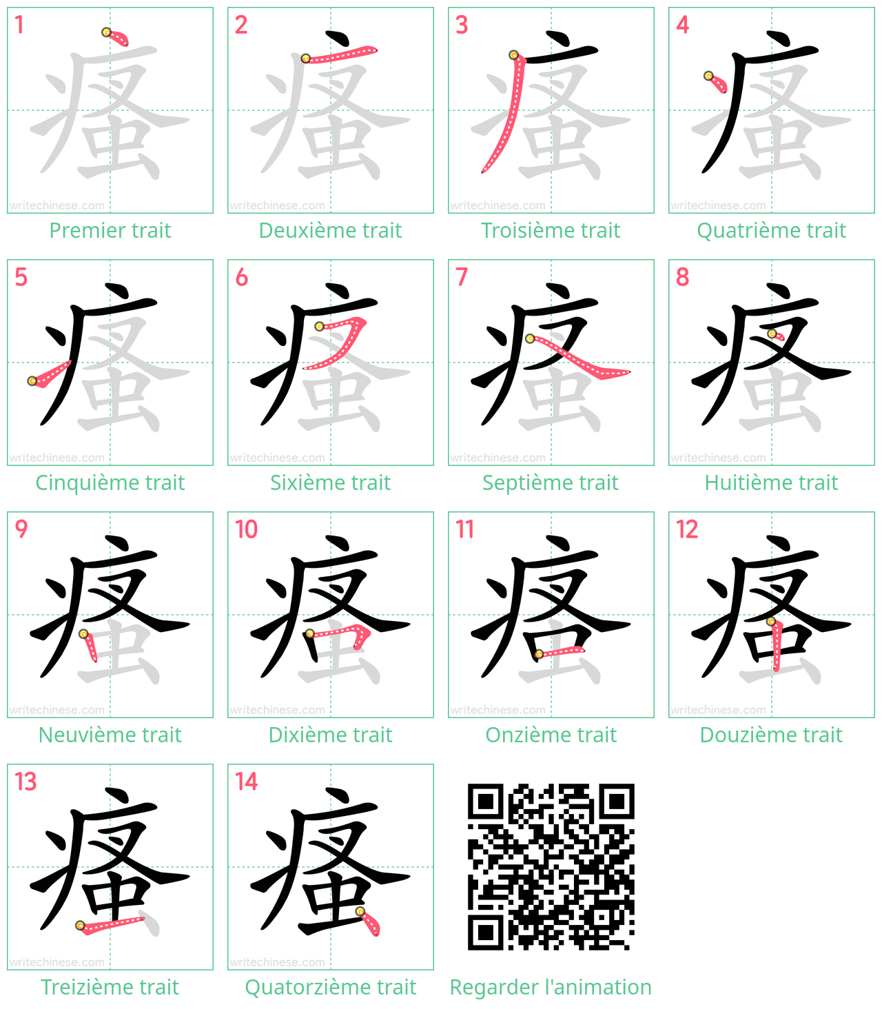 Diagrammes d'ordre des traits étape par étape pour le caractère 瘙