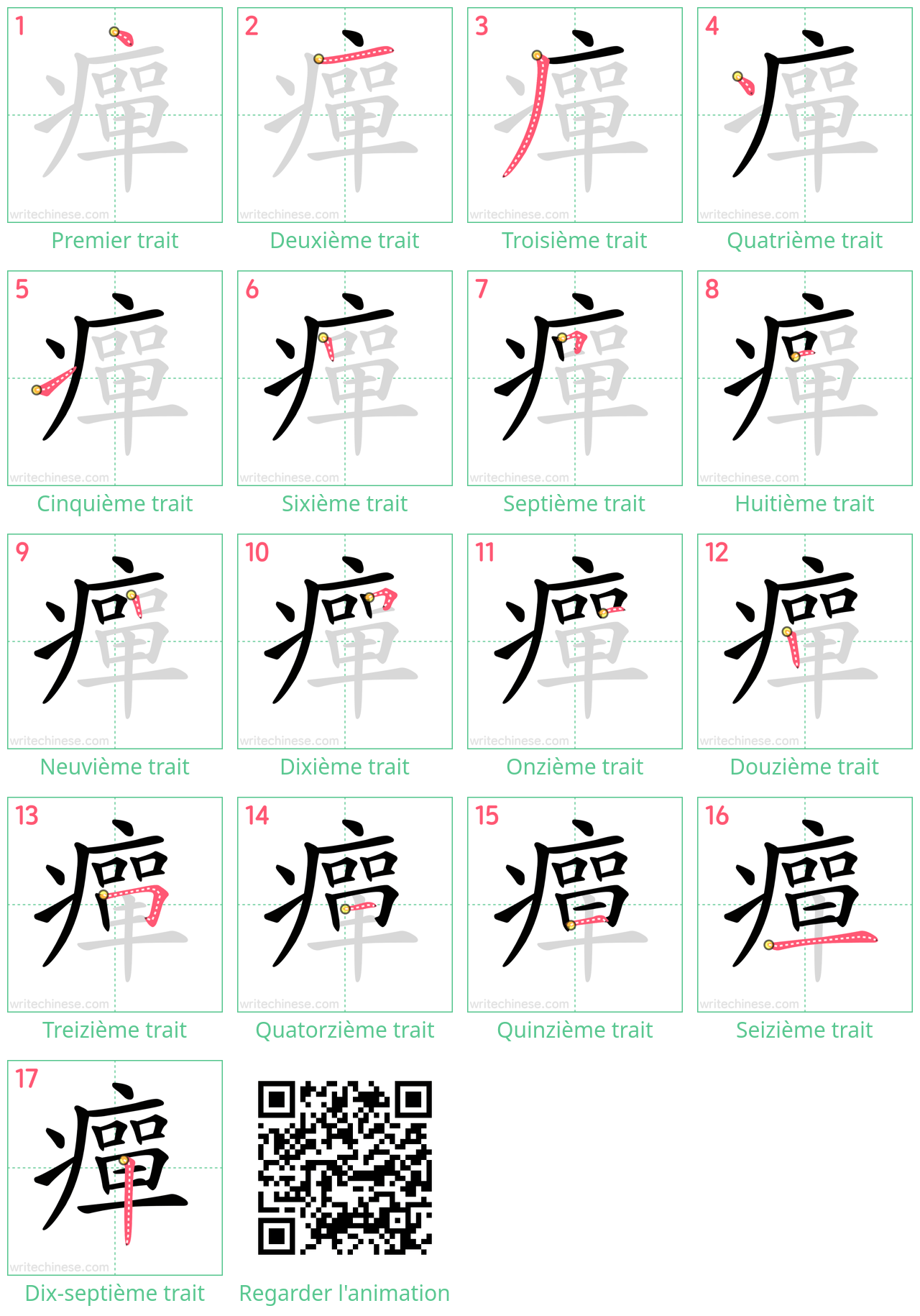 Diagrammes d'ordre des traits étape par étape pour le caractère 癉