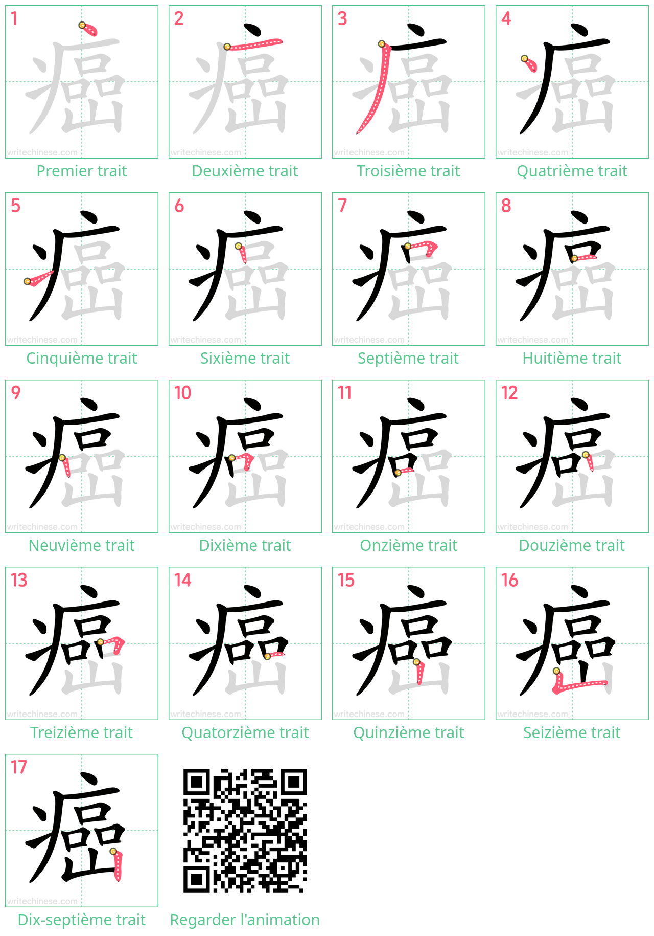 Diagrammes d'ordre des traits étape par étape pour le caractère 癌