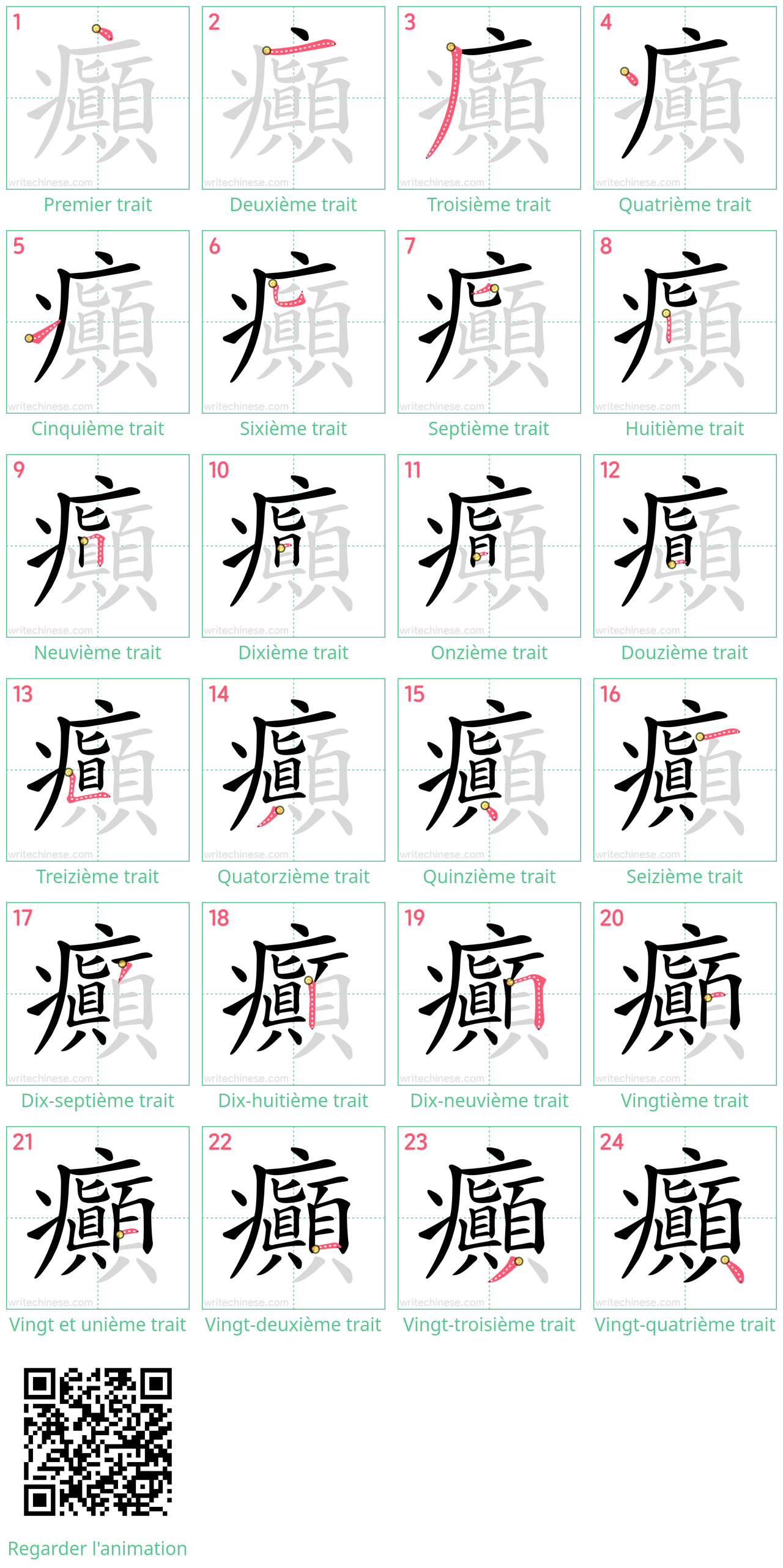 Diagrammes d'ordre des traits étape par étape pour le caractère 癲