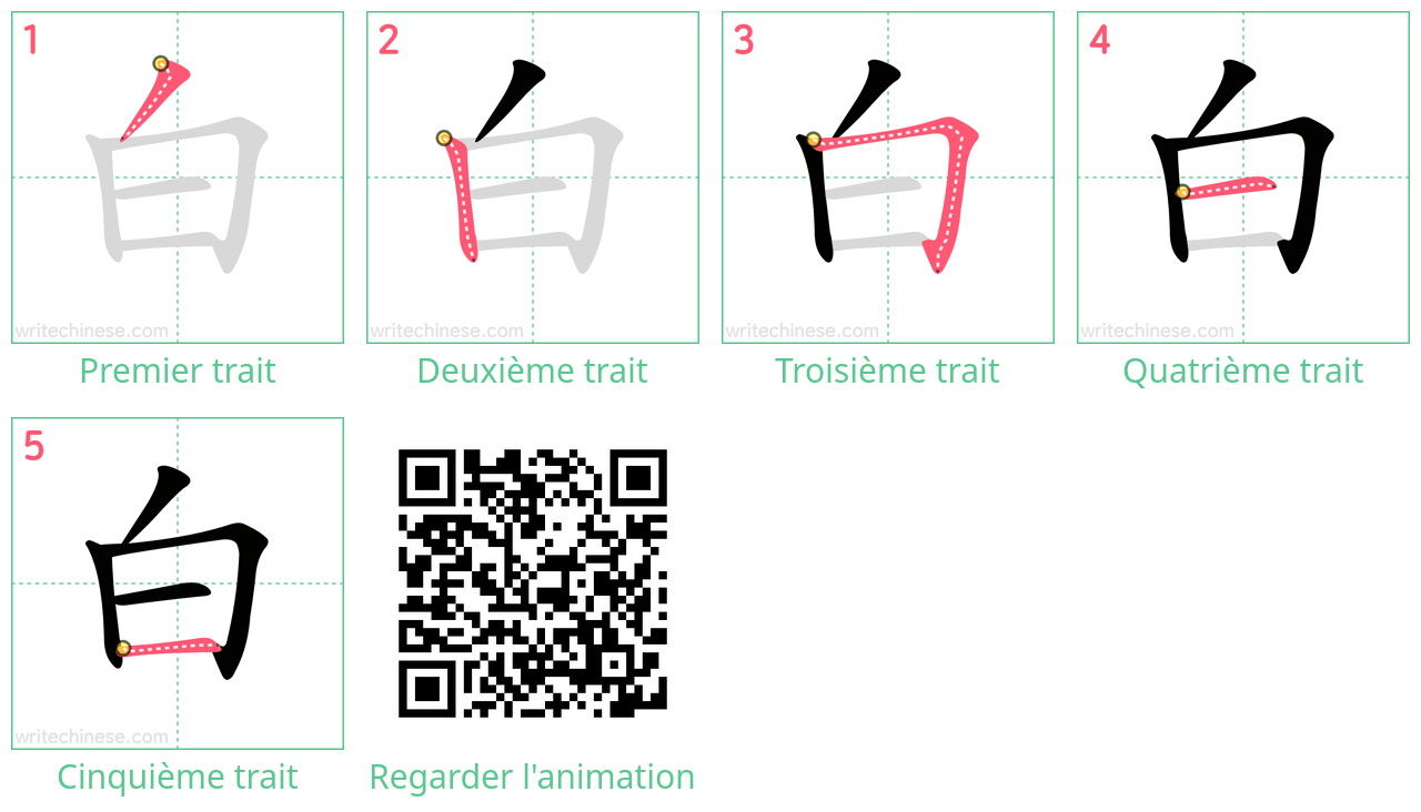 Diagrammes d'ordre des traits étape par étape pour le caractère 白